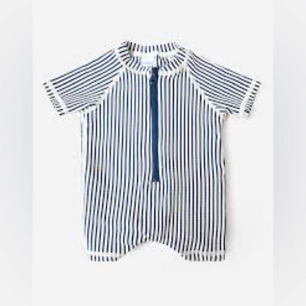 Kids Short-Sleeve Navy Stripe Rashguard Swimsuit